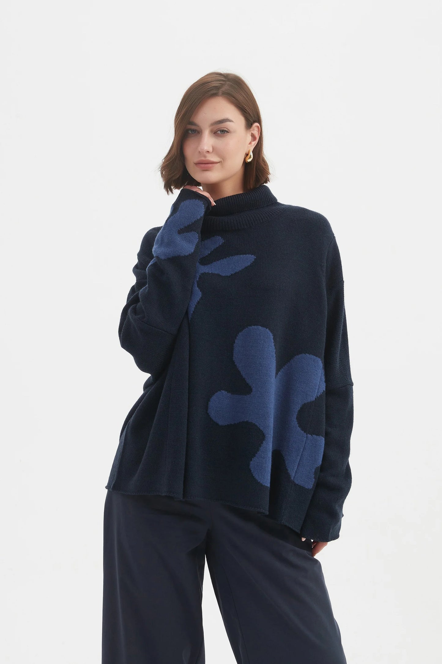 Navy & Denim Splatter Funnell Kneck Print Knit | Tirelli