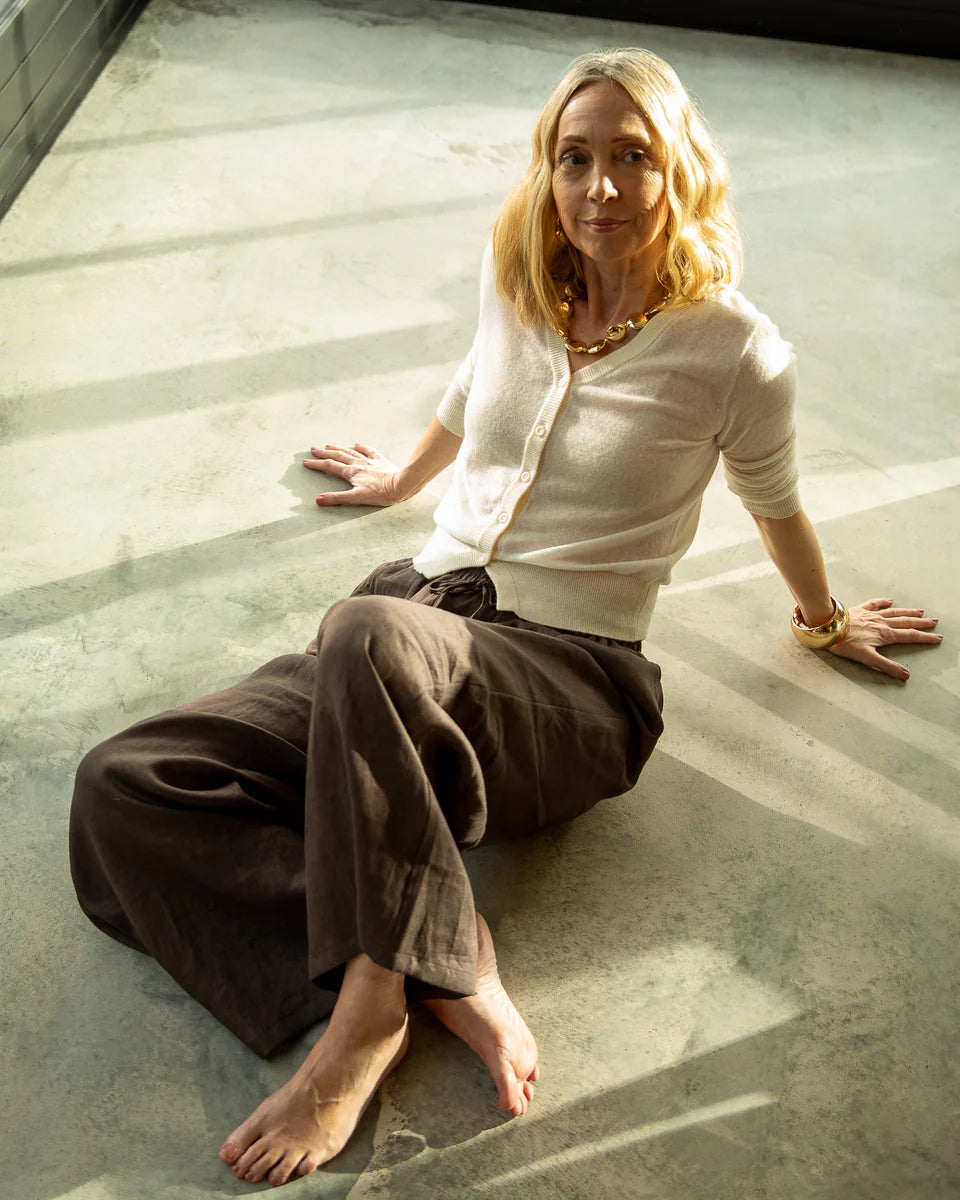 Thea Wide Leg Linen Trousers | Bark | Chalk