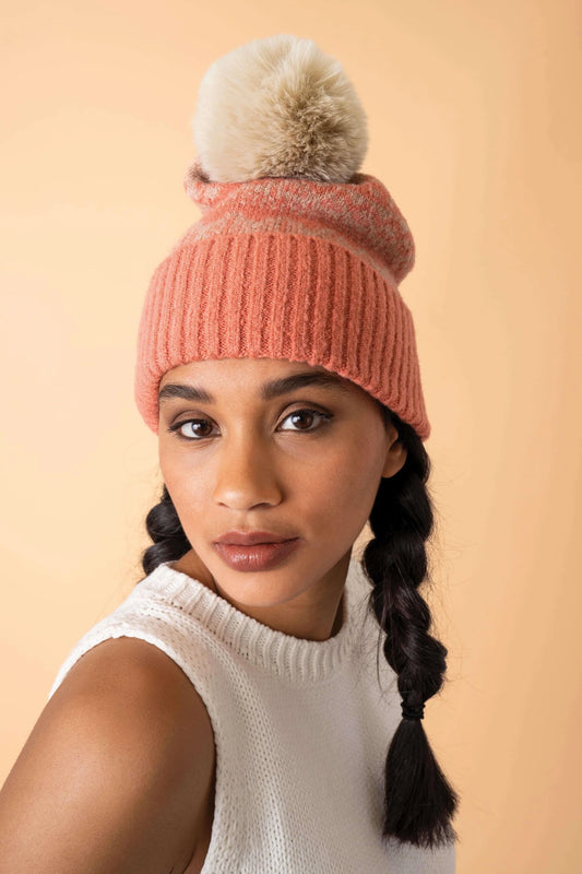 Thora Coral/Taupe Bobble Hat | Powder