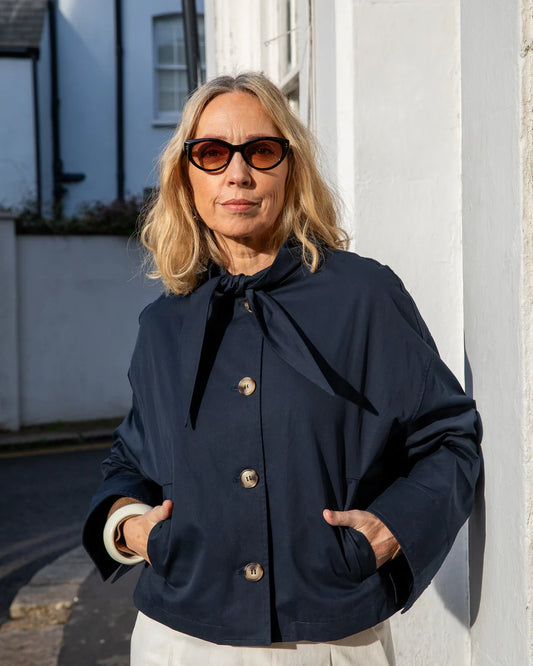 Tyla Cropped Trench Jacket | Navy | Chalk