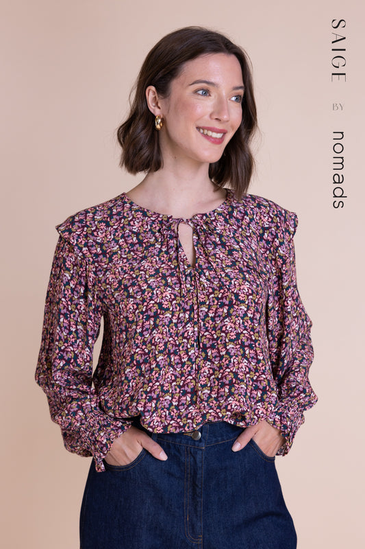 Multi Print Blouse with Frill Neck | Saige by Nomads