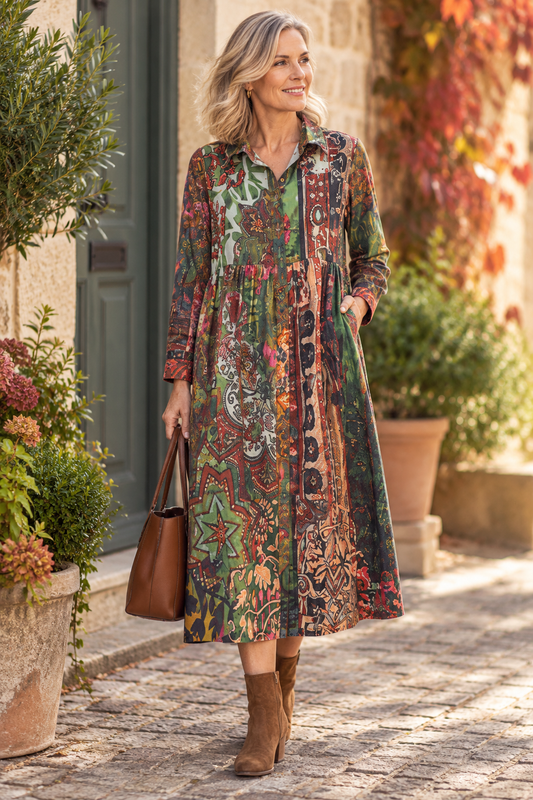 Vintage Print Cotton Midi Shirt Dress | Orientique