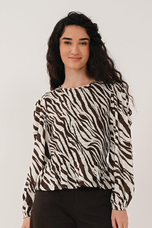 Chocolate Zebra Print Shirred Peplum Blouse | Saige by Nomads ZB4300