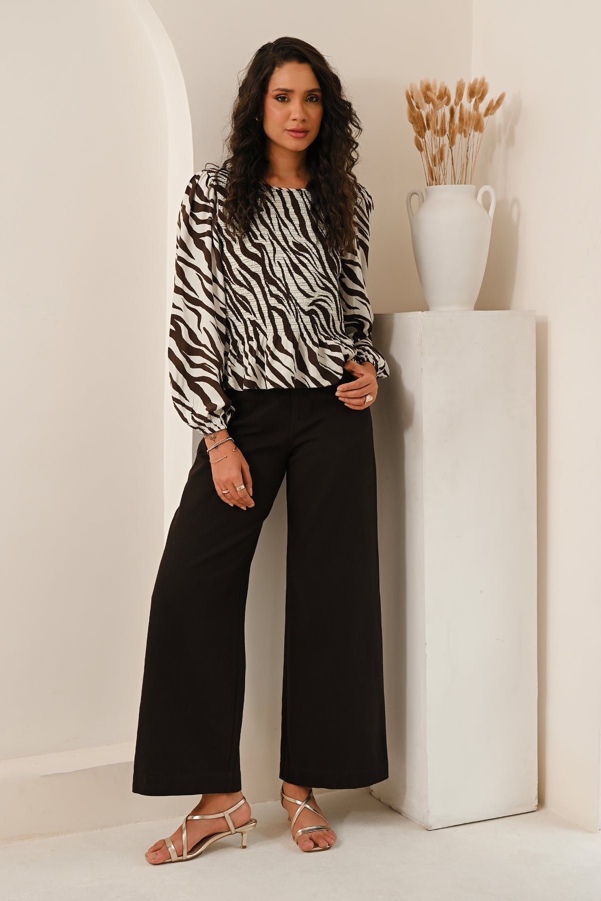 Chocolate Zebra Print Shirred Peplum Blouse | Saige by Nomads ZB4300