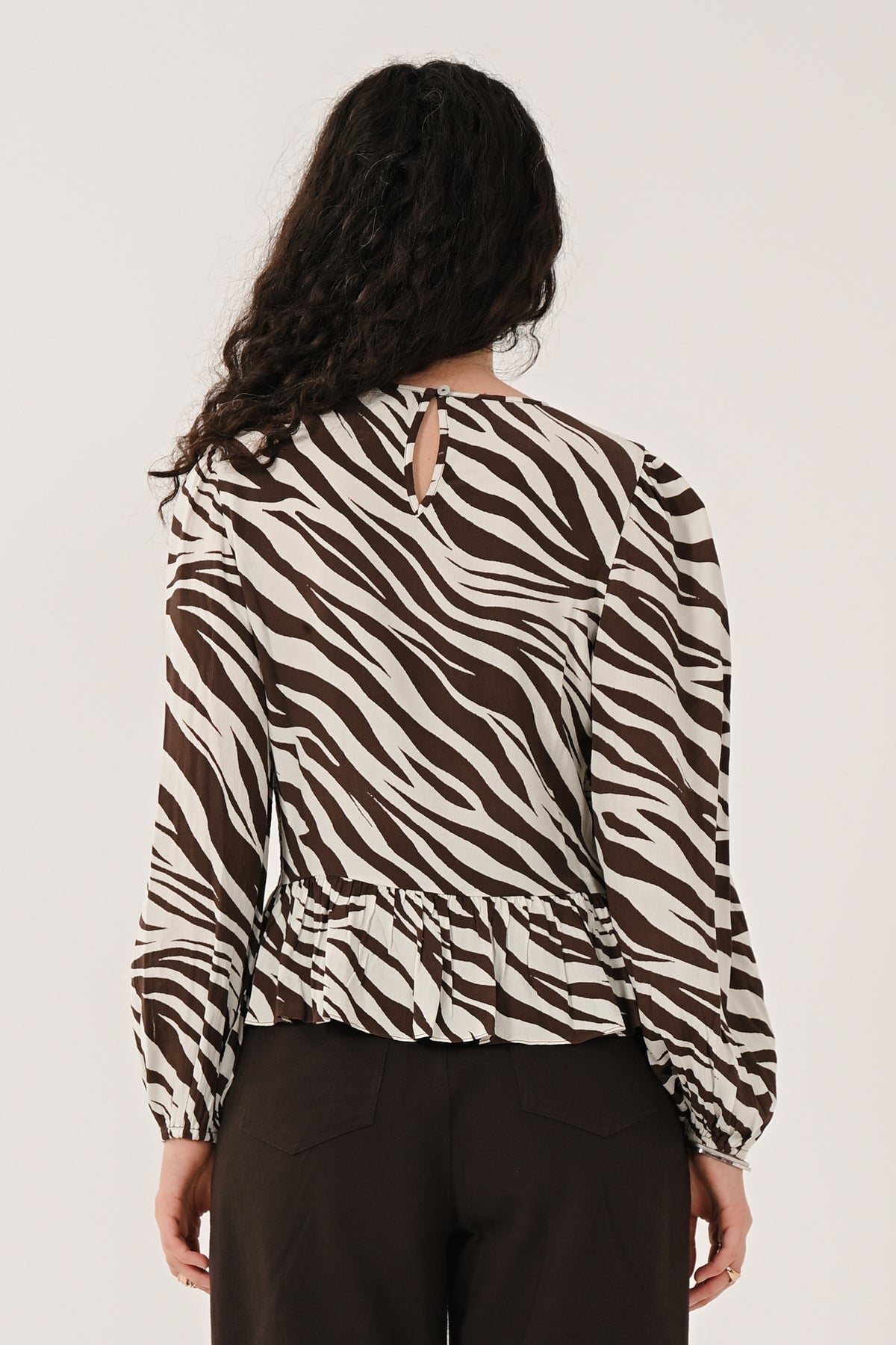 Chocolate Zebra Print Shirred Peplum Blouse | Saige by Nomads ZB4300