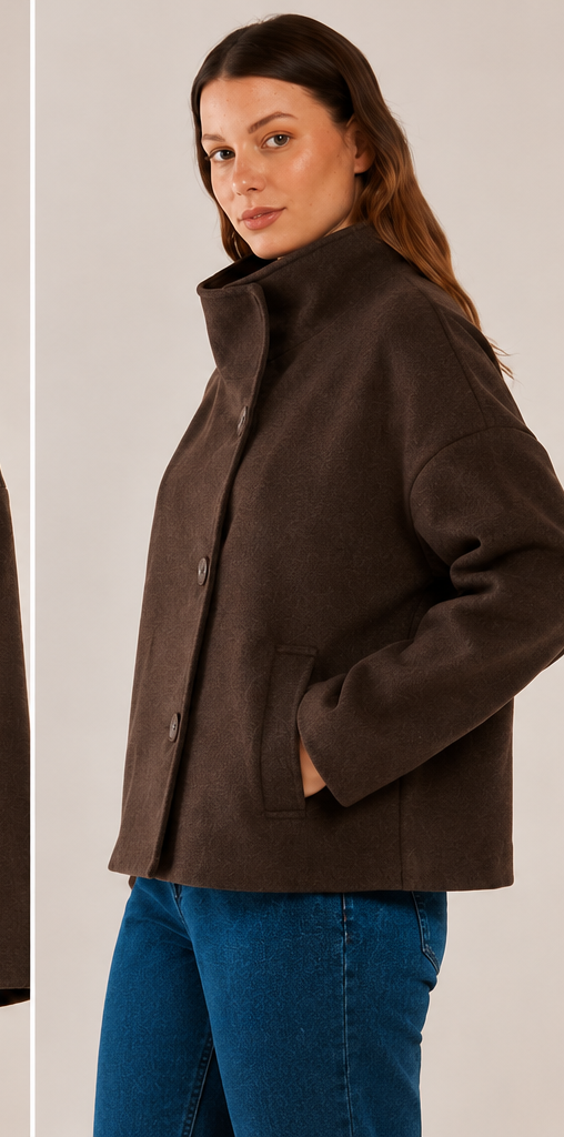 Chocolate Brown Funnel Neck Jacket | Betty Basics
