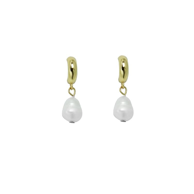 Half Hoop Gold Earring with Freshwater Pearl Drop | White Leaf