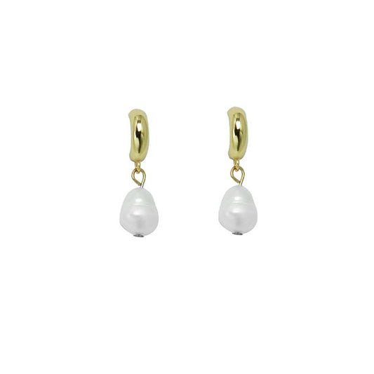 Half Hoop Gold Earring with Freshwater Pearl Drop | White Leaf