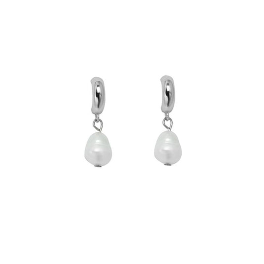 Half Hoop Silver Plated Brass Earring with Freshwater Pearl Drop | White Leaf