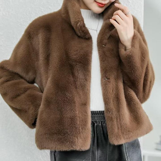 Collared Faux Fur Coat in Milk Chocolate