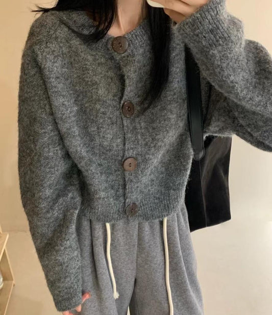 Grey Brushed Knit Wool Blend Cropped Cardigan | Last True Angel