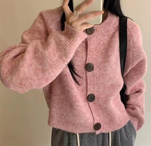 Speckled Pink Brushed Knit Wool Blend Cropped Cardigan | Last True Angel