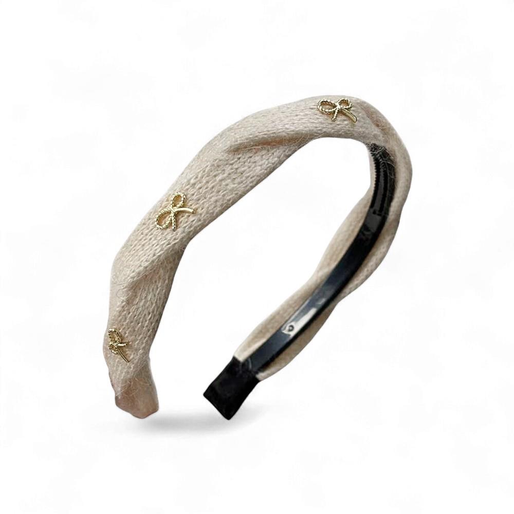 Twisted Cream Wool Headband with Gold Bow Detail | Last True Angel