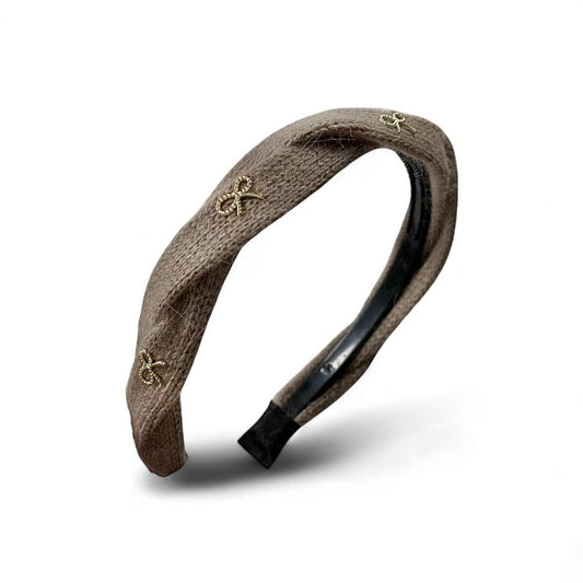 Twisted Grey Brown Wool Headband with Gold Bow Detail | Last True Angel