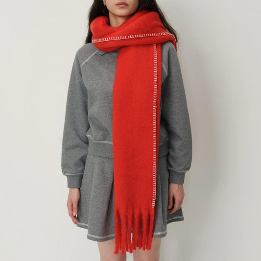 Thick Brushed Blanket Stitch Scarf in Vibrant Red | White Leaf