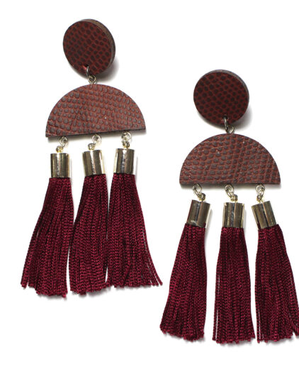 Leather and tassel burgundy ear-rings