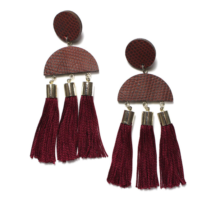 Leather and tassel burgundy ear-rings