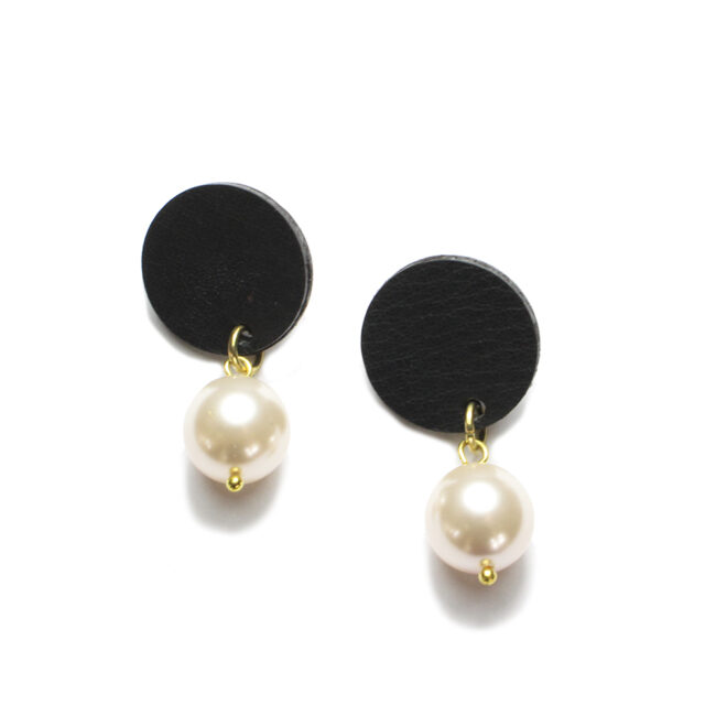Black leather and pearl ear-rings