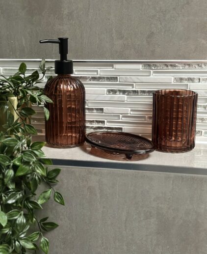 Amber ribbed glass bathroom accessories