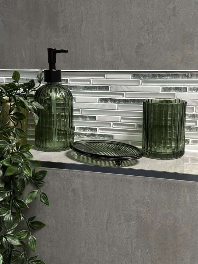 Green ribbed glass bathroom accessories