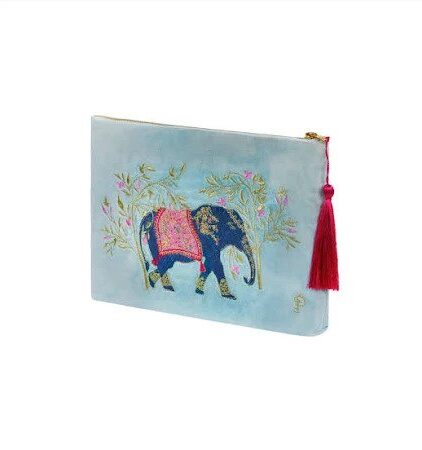 Blue embroidered velvet pouch