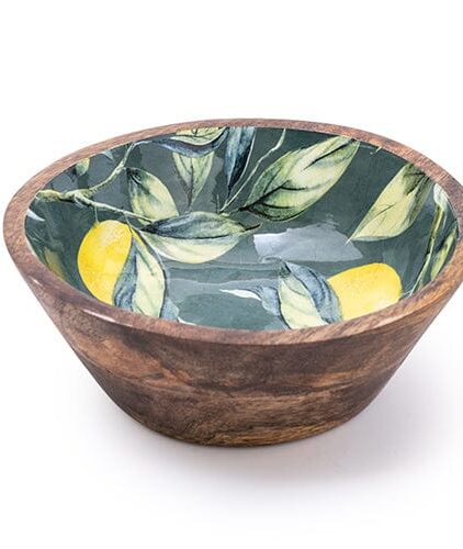 Mango wooden bowl with green enamel inlay