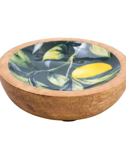 Small mango wooden bowl with lemons and leaves decorated on green enamel inlay