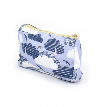 Summer make up bag, blue with white clouds and seagulls print