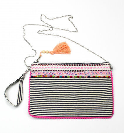Blue striped and embroidered bag with shoulder strap