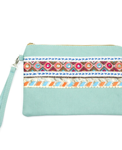 Blue embroidered clutch bag