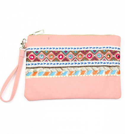 Pink embroidered clutch bag